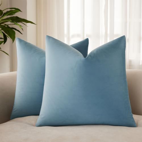 JUSPURBET Light Blue Throw Pillow Covers 20x20 Inch Set of 2 Velvet Decorative Slipcovers for Sofa Bed Soft Cushion Covers with Invisible Zipper for Living Room Decor