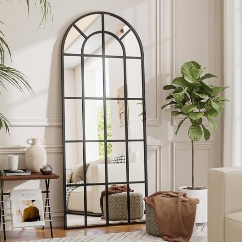 Koonmi 60 x 164 cm Curved Standing Glass Window Decorative Wall Mirror with Metal Frame Hanging Bevel for Entryway, Living Room Decoration, Black