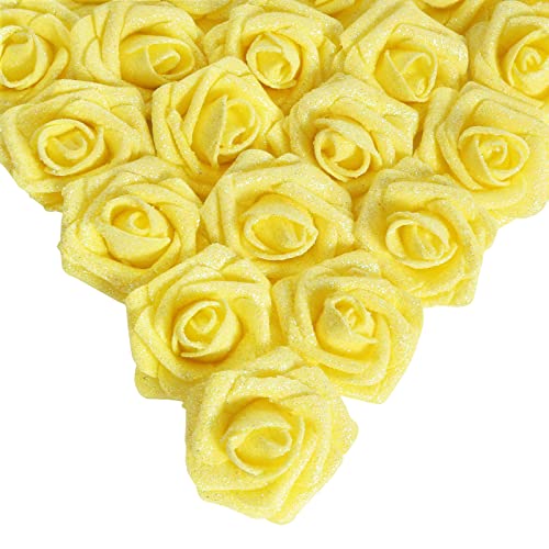 IPOPU 25 Pcs Artificial Glitter Rose Flowers Yellow Glitter Flowers Wedding Bridal Bouquet Home Party Decoration