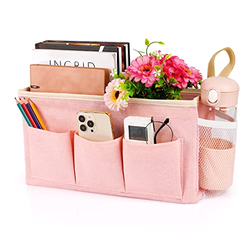 Lilithye Bedside Organizer with Fixed Straps and Water Bottle Holder for Home, College, Dorm, Bunk, Hospital, Crib, Bed Rails - Pink