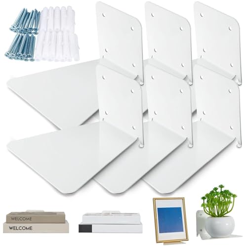 Jetec 6 Pieces Invisible Floating Bookshelf Wall Mount Iron Floating Book Shelves Multipurpose Wall Shelves for Home Classroom Office Library Bookcase (White)