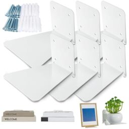 Jetec 6 Pieces Invisible Floating Bookshelf Wall Mount Iron Floating Book Shelves Multipurpose Wall Shelves for Home Classroom Office Library Bookcase (White)