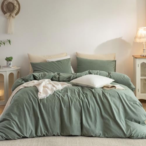ELIMMO Duvet Cover Overd King Plus: 100% Washed Cotton Linen Like Comfy - Breathable Lightweight Durable All Season Bedding 3 Pcs Set with Hidden Zipper 8 Corner Ties