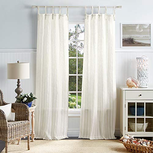 Martha Stewart Laguna Stripe Semi-Sheer Tie Tab Window Curtain Panel Pair, 84, White