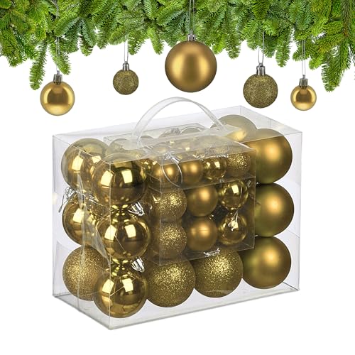 Relaxdays Christmas Baubles, Set of 50, Tree Ornaments, Holiday Decorations, Plastic, Glittery, Matte & Shiny, Gold