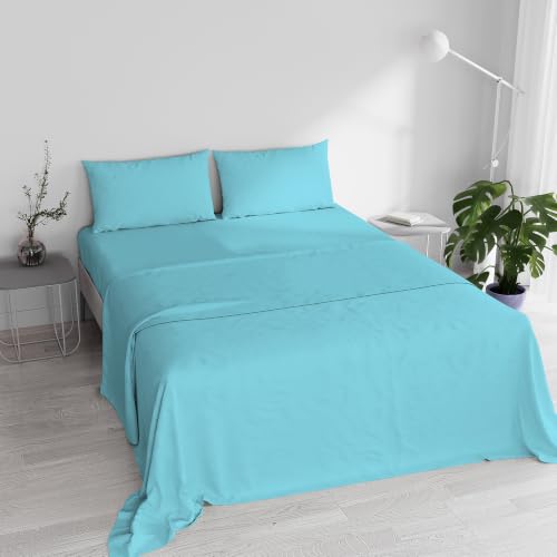 Italian Bed Linen Elegant Bed Linen Set (Flat 250x300, Fitted Sheet 170x200cm+2 Pillowcases 52x82cm), Light Blue, DOUBLE