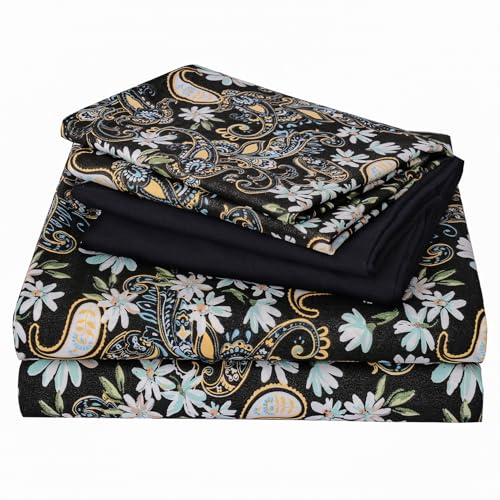 JSD 6 Piece Black Floral Sheet Set King Size, Soft Paisley Printed Microfiber Sheets with 4 Pillowcases Deep Pocket