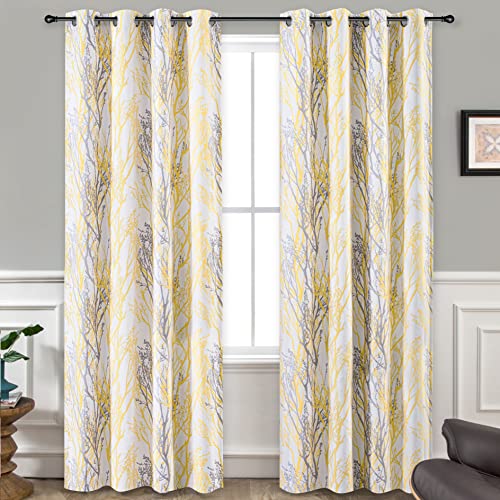 DriftAway Tree Branch Blackout Curtains Double Layer 96 Inches Long for Bedroom Printed Patterned Classic Thermal Insulated Summer Sound Lined Grommet Drapes for Living Room 2 Panels Yellow/White