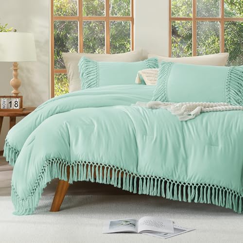 Andency Mint Comforter Set Full, 3 Pieces Boho Tassel Bedding - Lightweight Soft Comforter Sets(79x90In) and 2 Pillowcases, All-Season Fluffy Fringe