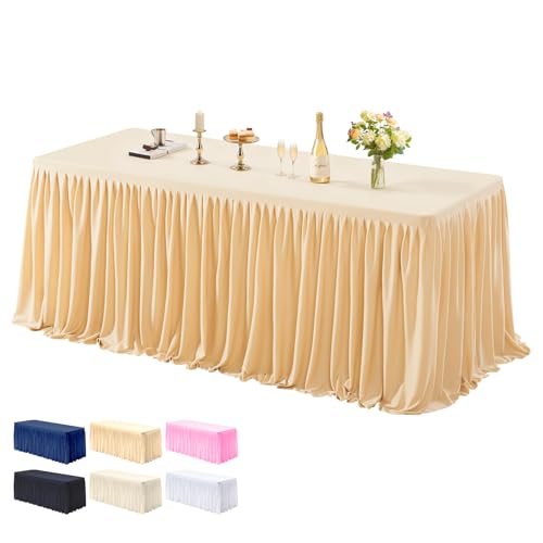 1 Pack Dark Champagne Tablecloths for Rectangle Tables 8ft, Wrinkle Resistant Champagne Table Cover Fitted Stretch Table Cloth with Pleated Ruffle Skirts for Party Banquet Dining Birthday Wedding