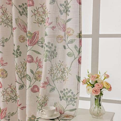 SUOUO Red Floral Semi-Sheer Curtains Linen Textured for Living Room Print Green Leaf 96 inches Long 2 Panels Rod Pocket Light Filtering Window Drapes for Dining Bedroom