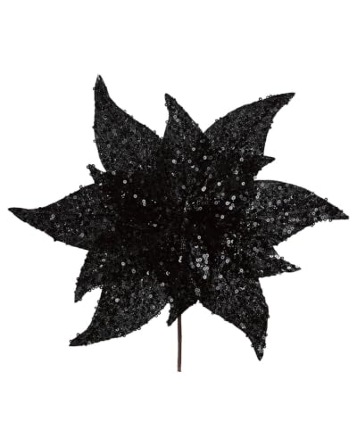 WeRChristmas Black Sequin Artificial Poinsettia Flower, 30cm - 30cm black sequin poinsettia with layered petals and stem for Christmas trees, wreaths, garlands and festive arrangements