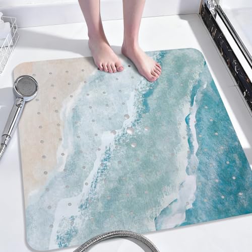 Beach Square Anti Slip Shower Mats for Inside Shower Accessories, Cute Bath Mats for Bathroom Non Slip Shower Floor Mat Sea Decor Rubber Bathmat with Suction and Drain Holes Machine Washable, 21???X21???