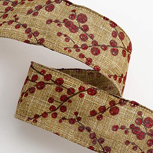 Italian Options Lurex Berry Spray Hessian Ribbon, Jute Christmas Ribbon for Crafts, Gift Wrapping Accessories, Wreath Making Supplies, Tree Decorations, Natural, 38 mm x 10 Metre Roll