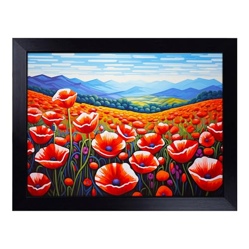 Lap Tray with Bean Bag Cushion, Poppy Field Op Art - Handmade in the UK, Raised Wooden Edge, Padded Cushion, Heat-Resistant Wipe-Clean Surface, for Meals, Laptops and Crafts