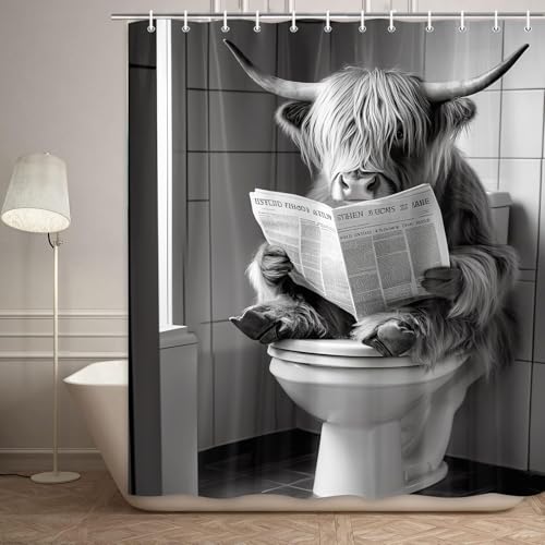 JAWO Funny Shower Curtain Farmhouse Highland Cow Country Shower Curtain Funny Shower Curtains for Bathroom Grey White Cow Sitting on The Toilet Reading a Newspaper Bathroom Decor Western Cattle 72X72