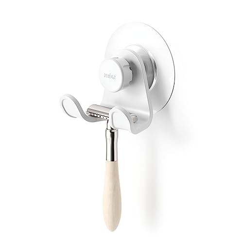 Umbra Flex Adhesive Double Hook, Removable Shower Towel Hook, White - Rust proof, easy to clean, fits tiles and drywall, bathroom organizer, recycled plastic