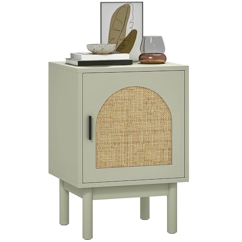 HOMCOM Rattan Bedside Table, Boho Bedside Cabinet with Adjustable Shelf and Solid Wood Legs, Side Table for Living Room, Bedroom, Light Green