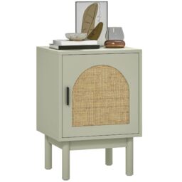 HOMCOM Rattan Bedside Table Adjustable Shelf, Solid Wood Legs, Light Green - Boho Bedside Cabinet, Side Table, for Living Room, Bedroom