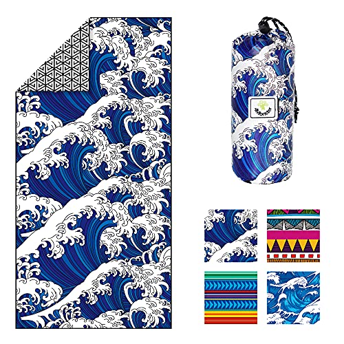4Monster Microfiber Beach Towel for Travel Quick Dry Super Absorbent Lightweight Towel for Swimmers, Sand Free Towel, Beach Towels for Pool, Swim, Water Sports (25 Wave-A, Large (63 x 31.5 inches))