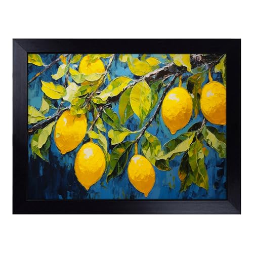 Lap Tray with Bean Bag Cushion, Lemon Fruit Expressionism - Handmade in the UK, Raised Wooden Edge, Padded Cushion, Heat-Resistant Wipe-Clean Surface, for Meals, Laptops and Crafts