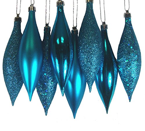 "8ct Turquoise Blue Shatterproof 4-Finish Finial Drop Christmas Ornaments 5.5"""
