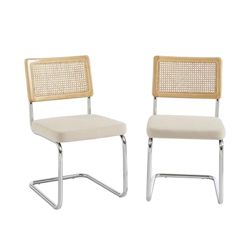 BAÏTA Set of 2 ELLA chairs, wicker and cream corduroy, with chrome metal legs