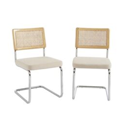 BAÏTA Set of 2 ELLA chairs, wicker and cream corduroy, with chrome metal legs