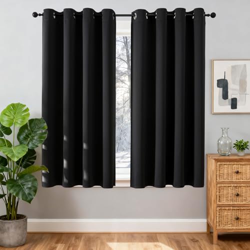 Joydeco Opaque Curtains with Eyelets, Set of 2, Blackout Curtain, Thermal Curtain, Heat Protection, Eyelet Curtain for Bedroom, Living Room (2 x H 183 x W 117, Black)
