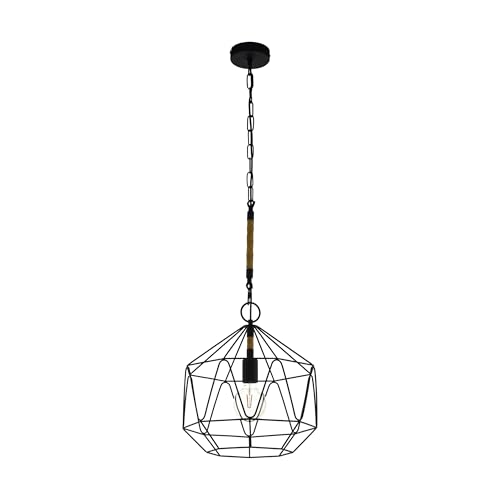 EGLO Cottingham Pendant Light, 1-Bulb Pendant Lamp, Vintage, Industrial, Retro, Pendant Light Made of Steel and Natural Rope, Dining Table Lamp, Living Room Lamp, Hanging in Black, Natural, E27