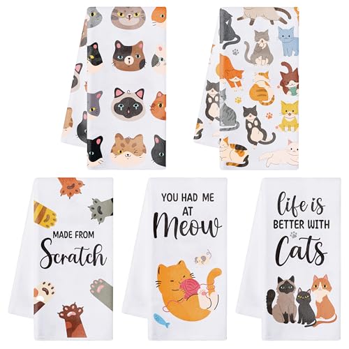 R HORSE 5Pcs Funny Kitchen Dish Towels, Cute Cat Dishcloths Gift, Absorbent Dish Tea Towels Reusable Bar Hand Dishcloths Decor for Bathroom Kitchen Home Supplies Gift for Mom Woman Cat Lovers