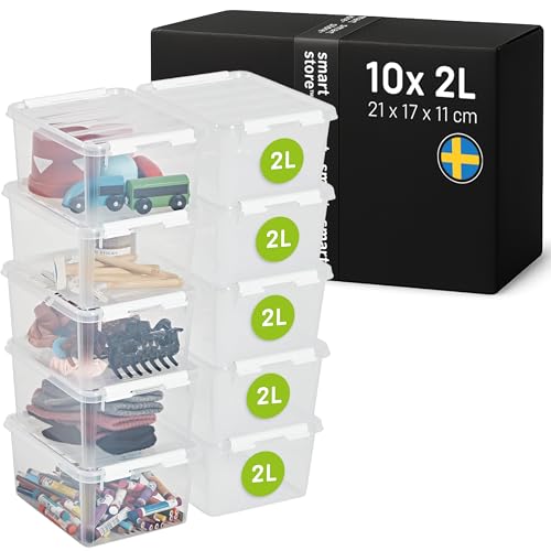 SmartStore Storage Boxes with Lids - 10x small 2L box - 21x17x11cm - Stackable plastic storage box with lid for toy, Lego & craft storage - clear food-safe plastic boxes - containers with lids