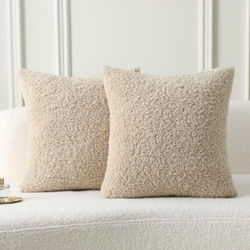 FUTEI Pack of 2 Faux Fur Teddy Boucle Pillow Covers 26x26 Inch, Beige - Soft Fluffy Decorative Textured Neutral Pillow Covers, Machine Washable,Accent Solid Couch Pillows Sofa Bed Home Living Room