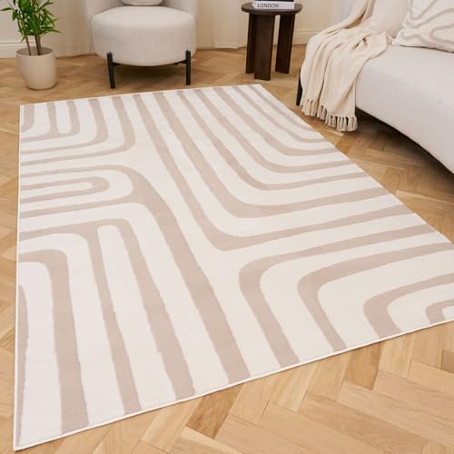 THE RUGS Living Room Rug, Loft Collection – Modern Textured 14mm Soft Pile Area Carpet, Non-Shedding & Easy Care [ Geometric Beige, 80x150 cm]