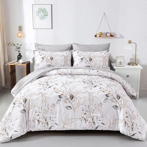 WONGS BEDDING Grey Comforter Set Queen,7 Pieces Reversible Botanical Bed in a Bag Golden Leaves Bedding Set Microfiber Queen (1 Comforter,2 Pillowcase,2 Pillow Shames,1 Flat Sheet,1 Fitted Sheet)