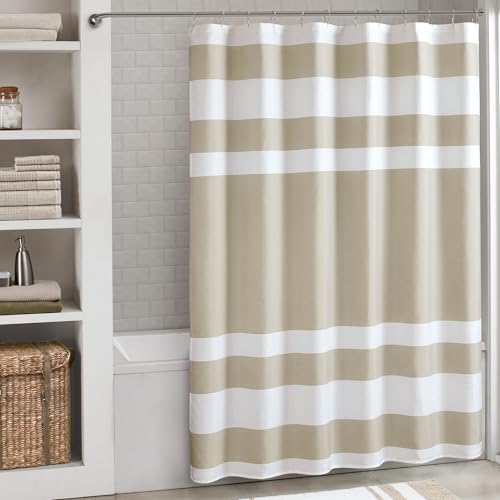"Madison Park Shower Curtain, Waffle Weave, Pieced Design Fabric Shower Curtain with 3M Scotchgard Moisture Management, Premium Spa Quality Modern Shower Curtains for Bathroom, Tall 72""x84"" Taupe"