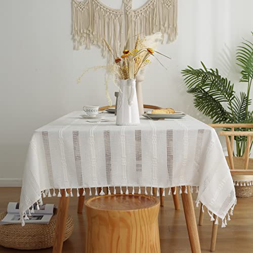 Rustic Stripe Embroidered Tablecloth Heavy Rectangle Tassel Cotton Linen Table Cloth Wrinkle Free Washable Table Cover for Kitchen Dinning Party Holiday White 55x86 Inch