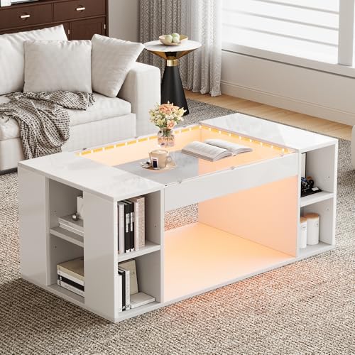 Ball & Cast LED Coffee Table for Living Room, Modern Center Table with LED Lights,Tempered Glass Top,2 Tiers & 2 Drawers,Stylish Storage Coffee Table White, 100 x 50 x 40 cm