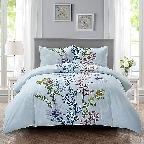 Style Quarters Dahlia Lane 3pc Duvet Cover Set - Multi-Color Floral Stems with White Leafy Silhouettes - 100% Cotton - Machine Washable - Includes 1 Duvet Cover + 2 Shams (Queen)