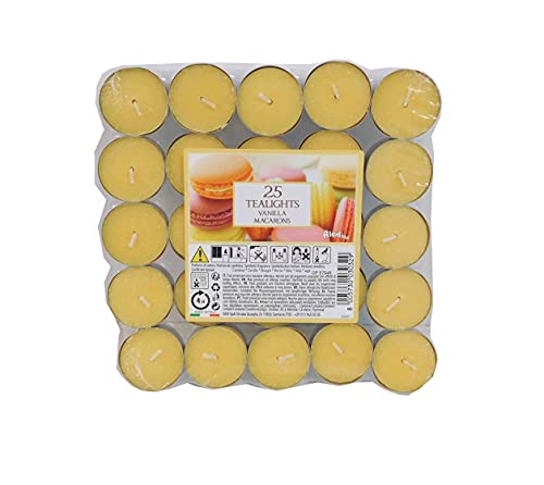 Price's Candles Petali Range Vanilla Macaroons Tealights Pack of 25 Scented Vanilla Tea Light Candles for Home Décor Ambient Lighting and Everyday Fragrance