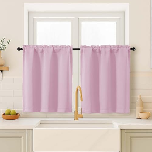 OVZME Pink Blackout Curtains for Small Window Treatment, Light Blocking Short Kitchen Window Curtains Over Sink, Dual Rod Pocket Half Window Tiers for Bathroom Basement, 2x40Wx36L Inches