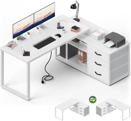 JUMMICO Corner Desk with 3 Drawers, 140 x 105 cm, Folding L-shaped Desk, Equipped with Socket and USB Charging Port, Storage Space, Suitable for Home Office, White