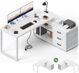 JUMMICO Corner Desk with 3 Drawers, 140 x 105 cm, Folding L-shaped Desk, Equipped with Socket and USB Charging Port, Storage Space, Suitable for Home Office, White