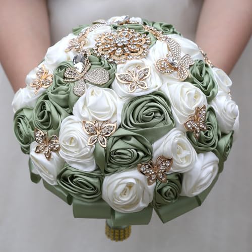 "Mhojpik Handmade Wedding Flowers Bouquet Round Holding Bridal Bouquet Toss Artificial Rose Bunch for Bride Bridesmaid Wedding Quinceanera (Sage Green & Ivory, 8.7"")"