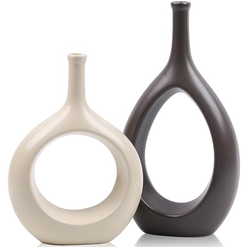 Brown White Vase Ceramic Off White Vases Home Decor,Modern Minimalist Circle with Hole Decorative Vase, Hollow Ellipse Flower vases for Bookshelf, Fireplace Mantle, Centerpieces,Farmhouse,Rustic Décor