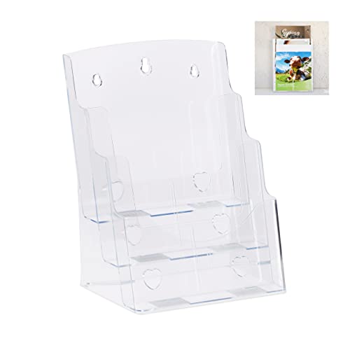 Relaxdays Prospectus Holder A4 / DIN Long, 3 Tiers, Acrylic, Flyer Display, Table, Wall, HWD: 33x24.5x20cm, Transparent