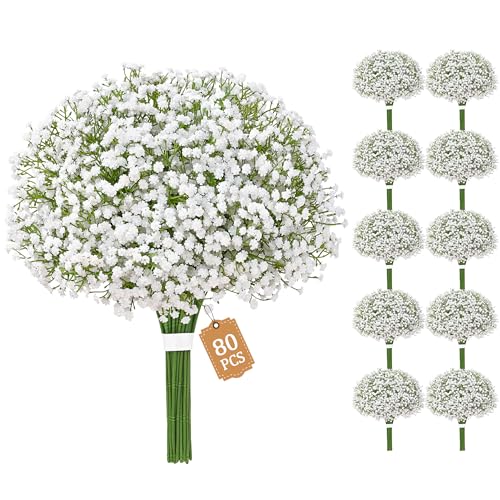 80 Pcs Babys Breath Artificial Flowers Baby Breath Flowers Artificial Bulk - Baby Breath Flowers Artificial Bulk Long Stem Real Touch Gypsophila for Wedding Bridal Bouquet Party Arrangements Home Decor