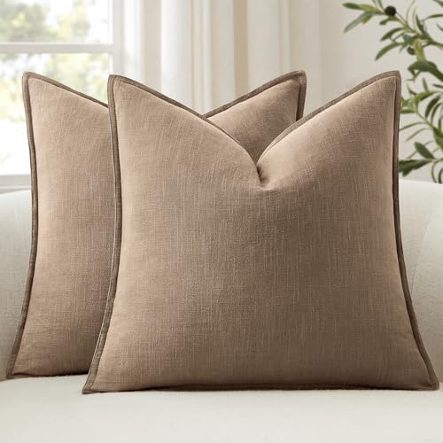 ANRODUO Pack of 2 Decorative Linen Pillow Covers Coco Brown Euro Sham Neutral Farmhouse Boho Soild Cushion Case Soft Accent Pillowcase for Couch Sofa Bedroom Living Room Home Decor 24 x 24 Inch