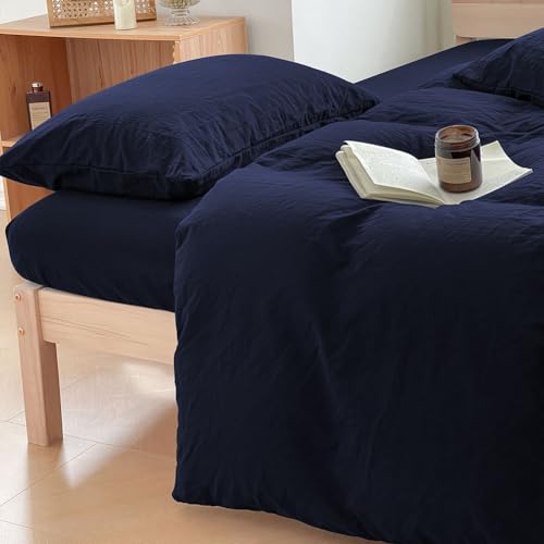 "100% Washed Cotton Weighted Blanket Cover, Linen Feel Duvet Cover for Weighted Blanket 48""x72"", Plain Simple Cotton Heavy Blanket Duvet Cover (Navy Blue, 48""x72"")"