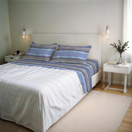 River Cotton Double Bed Sheet Set, Made in Italy – Complete Bed Set, Fitted Sheet, Top Sheet 240 x 300 cm and 2 Pillowcases with Inner Flap (Double, Rio Blue)